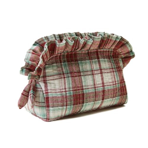 aokansha Ruffle Makeup Bag for Women Travel Toiletry Bags Scottish Buffalo Plaid Cosmetic Bag Storage Pouch Quilted Organizer Bag