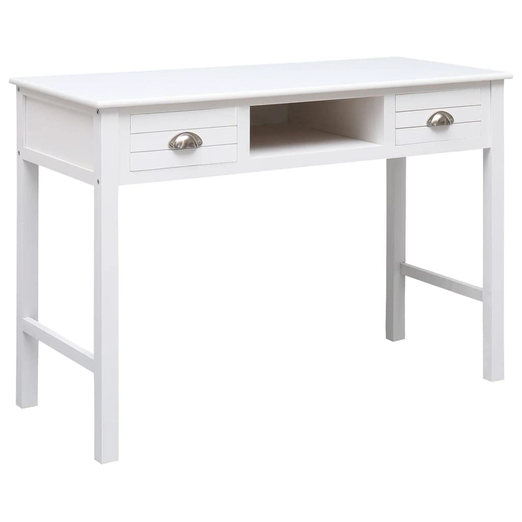 Escritorio de madera maciza Paulownia, color blanco, 108 x 45 x 76 cm, mesa de oficina con 2 cajones y compartimento abierto, mesa de ordenador con amplia superficie de trabajo para