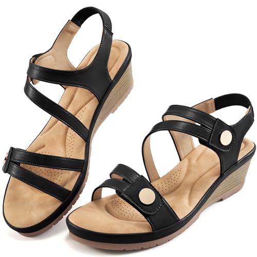 Ablanczoom Wedge Sandals for Women Dressy: Comfortable Elastic Ankle Strap Summer Causal Walking Low Platform Sandal