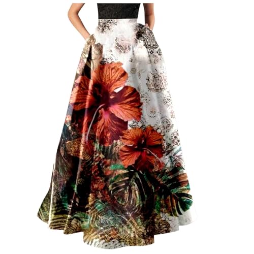 Womens Flowy Boho Floral Maxi Skirt Fall Casual High Waisted Mopping Floor Length A Line Long Skirts with Pockets
