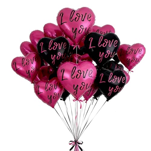 KALOR Black and Hot Pink Heart Balloons, 12Pcs 18 Inch Heart Shaped Foil Balloons for Valentines Day, Wedding, Bridal Shower and Birthday Party Decorations