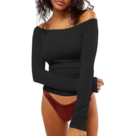 Women Y2k Tops Long Sleeve Sexy Off Shoulder Seamless Shirt Boat Neck 2024 Casual Going Out Crop Top Tee Streetwear Black Cover