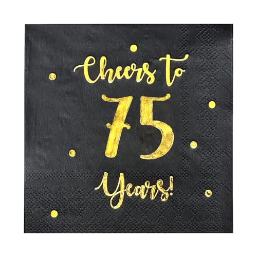 Cheers to 75 Years Cocktail Napkins | Happy 75th Birthday Decorations for Men and Women and Wedding Anniversary Party Decorations | 50-Pack 3-Ply Napkins | 5 x 5 inch folded (Black)