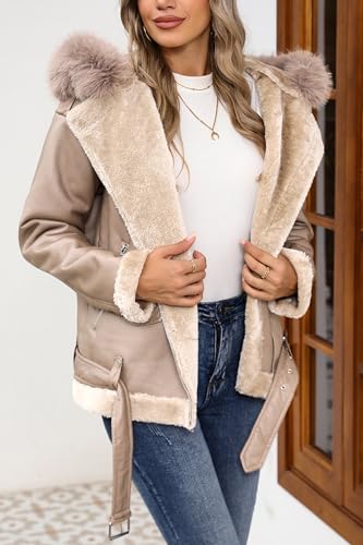 Bellivera Women Faux Suede Leather Jacket Moto Biker Coat Sherpa-Lined Outerwear with Detachable Belt4