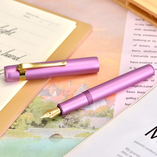 Image of Hongdian M2 Black Forest Mini Fountain Pen, Medium Soft Golden Nib & Sleek Shape Aluminium Short Pocket Travel Pen (Lilac Purple)