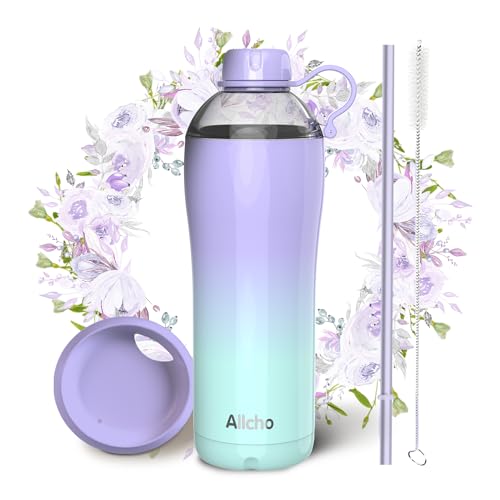 Image of Insulated Water Bottle for Women, 24 oz Stainless Steel Water Bottles, Double Walled, 2 Lids (Chug & Tumbler) - Hydrate & Caffeinate,Available Gift Wrapping