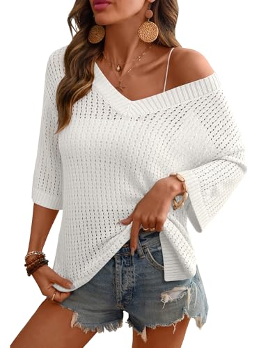 Image of Rapbin Women's Crochet V Neck Beach Cover Up 3 /4 Sleeve Hollow Out Knitted Pullover Sweater