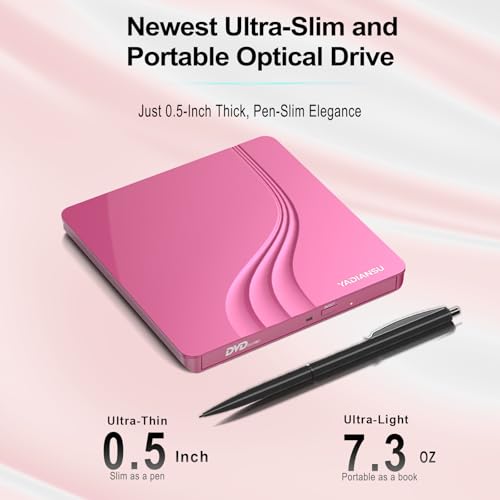 Image of External CD DVD Drive, 0.5″ Ultra Slim USB 3.0 Type-C DVD Player, CD DVD+ /-RW Optical Drive, Portable DVD CD Burner Reader Writer Recorder for Laptop, Desktop, Mac, Windows 11 /10 /8 /7, Linux, Pink