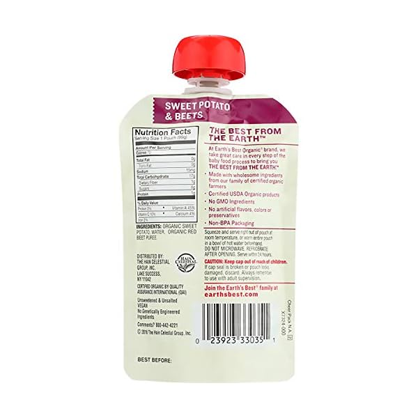 Earths-Best-Organic-Stage-2-Baby-Food-Sweet-Potato-Beets-35-Oz-Pouch-Pack-of-12 Earth's Best Organic Baby Food Pouches, Stage 2 Vegetable Puree for Babies 6 Months and Older, Organic Sweet Potato and Beets Puree, 3.5 oz Resealable Pouch (Pack of 12)