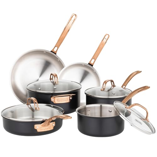Comparison: Best Viking Cookware Set 8 Viking 3-Ply Cookware Set, 10 Piece Stainless Steel Kitchen Cookware with Glass Lids, Oven Safe, Induction Ready, Black with Copper