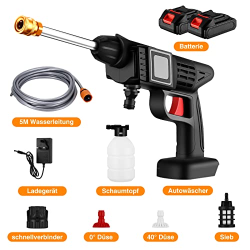 Cordless Power Washer, Portable Pressure Washer with Rechargeable 2 Batteries 5-in-1 Nozzle, Handheld High-Pressure Car Washer Gun for Home/Floor Cleaning & Watering/Washing Cars/Fences/Siding