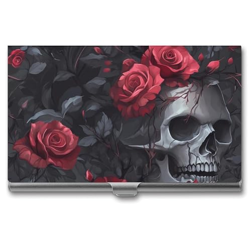 Ember Rose Death Skull Head Slim Business Card Holder Wallet for Men & Women Pocket Metal Case 3.7x2.2x0.3 Inches