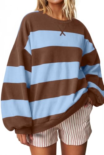 Image of UEU Women Oversized Striped Crewneck Sweatshirt Long Sleeve Color Block Pullover Tops Casual Loose Workout Shirt