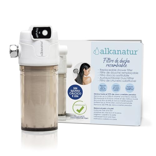 Filtro Ducha Elimina el Exceso de Cal y Cloro - Ecológico Libre de Sulfito Cálcico E226 Elimina Metales Pesados - Filtro Ducha para el Pelo y la Piel de 50.000 L Fácil Instalación - Alkanatur