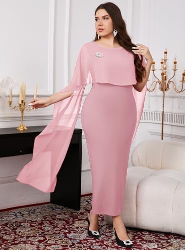 ZOMVA Plus Size Elegant Chiffon Cape Dress Crew Neck Wedding Guest Bodycon Cocktail Pencil Maxi Dresses, Without Brooch4