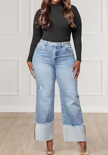 YOOTIKO Women's Stretch Cuffed Jeans High Waisted Wide Straight Leg Baggy Ripped Denim Pants2