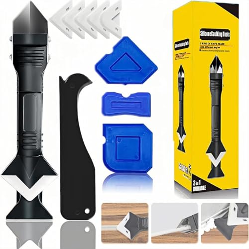 Kaimirui 3-in-1 Silicone Caulking Tool Set, Silicone Remover Tools,Stainless Steel Sealant Finishing and Removal Kit with 5 Silicone Pads, for Bathroom,Kitchen,Floor,Window,Sink Joint, Frames Seal