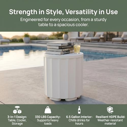 Zapdos 3-in-1 Outdoor Cooler Side Table, Dense Fluted Design, 16.65in Patio Ice Bucket, 330lbs Capacity, No Assembly, Cooler Table for Patio Parties Picnics Beach BBQ, White by Zapdos - Used condition - Image 5