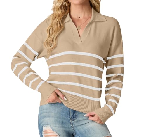 GRECERELLE 2024 Sweaters for Women Trendy Long Sleeve V Neck Striped Sweater Women Winter Chunky Pullover2