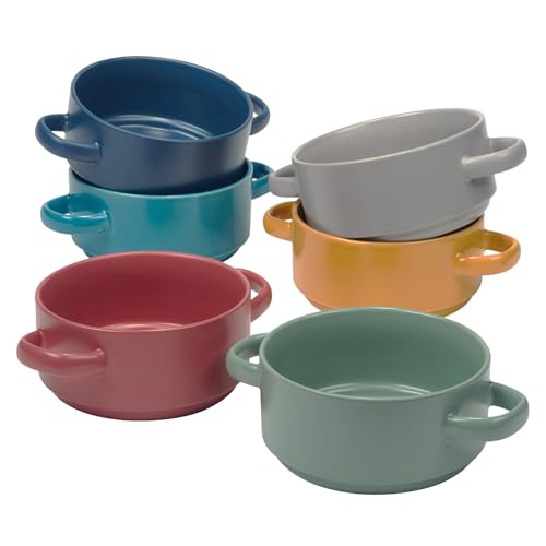 Stoneware 22oz Matte Glaze Soup Crocks Set of 6: Perfect for hearty soups and casseroles. Durable, oven-safe, microwave and dishwasher-friendly with dual handles.