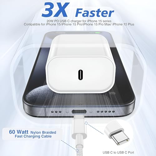 Image of 20W USB-C Charger for iPhone 15 /15 Plus /15 Pro /15 Pro Max, iPad Pro /Air /Mini, Fast Charging Adapter with 3ft Braided Cable, White, Type-C Power Adapter for Rapid Charge, White