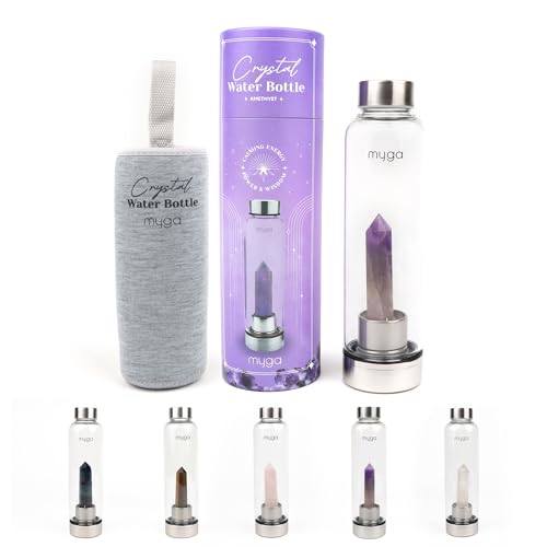 Myga Amethyst Crystal Water Bottle 16.9OZ 500ml Glass Drinks Bottle with Natural Healing Crystal and Neoprene Sleeve for Wellness and Self-Care for Gemstone