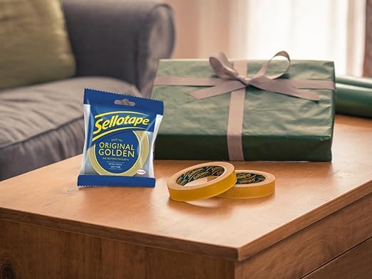Image of Sellotape Original Golden Tape premium, strong, tear by hand tape ideal for office, school projects, art work, bonding of paper or card, wrapping presents, sealing lightweight boxes, 18 mm x 25 m*4