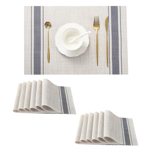 Leetaltree Khaki-Blue Placemats, Heat Resistant Non-Slip Place mats for Dining Table, Washable Durable PVC Vinyl Woven Table Mats (Set of 12)