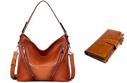 BOSTANTEN Women Leather Handbag Designer Large Hobo Purses Shoulder Bags Brown+BOSTANTEN Womens Wallet Genuine Leather Wallets Large Capacity Cash Cluth Purses with Zipper Pocket (2-brown)