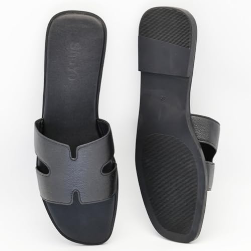 Image of Women's Flat Sandals, Ladies Leather Slippers, Comfy Dressy Slip on Shoes Elegant Slides Summer Fall Spring Cute Open Toe Casual Footwear