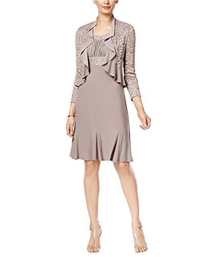 RM Richards Women Sequin Lace Ruffle Front Jacket Dress, 8 Mocha