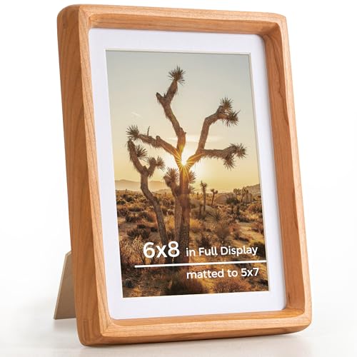 RICHFOCUS 6x8 Picture Frame USA-Sourced Natural Cherry Solid Wood Photo Frame Handcrafted Rounded Corner Wodden Frame with Real Glass Display Photos 5x7 with Mat or 6x8 Without Mat