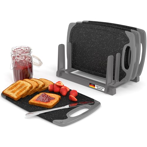 KPYTO Frühstücksbrettchen 4-er Set mit Ständer, 25x15 cm, schwarz...