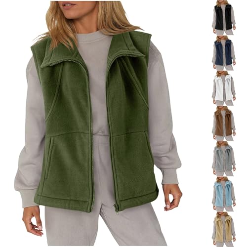 Womens Zip Up Fleece Vest - Casual Warm Winter Lapel Collar Sleeveless Fuzzy Sherpa Outerwear with Pockets