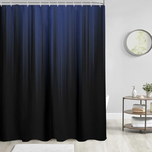 Image of AAtter Navy Blue and Black Ombre Shower Curtain, Extra Long 72x84 Inch | 12 Hooks Striped Polyester Fabric, Dark Modern Abstract Style, Cool Anime Design, Trendy Striped Tall Bathroom Decor for Men