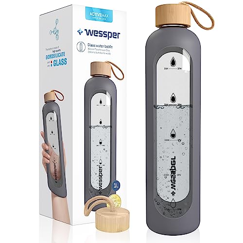 Wessper botella Cristal Agua para Beber con Cronómetro 1 L, sin BPA, Botella di Vidrio Borosilicato para Incentivos con Tapón de Bambú, con Tapa de Silicona - Gris
