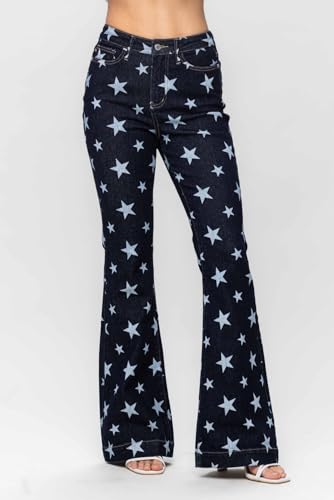 Judy Blue Women's High Waist Star Print Flare Jeans - Stretchy Denim with Vintage Vibe -886623