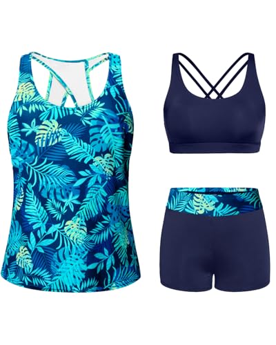 Image of Tempt Me 3 Piece Tankini Swimsuits for Women Athletic Bathing Suits Swim Tank Top with Boy Shorts and Bra Modest Swimwear