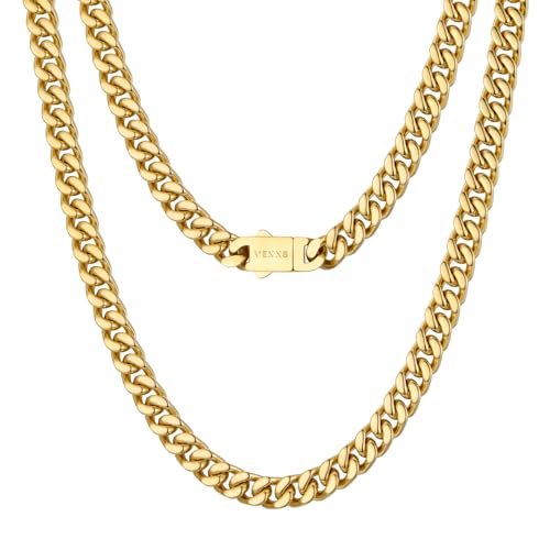 VEXXS Men's Gold Chain, 4 Sides Flat Cut 18K Real Gold Filled Stainless Steel Cuban Link Chain, Durable No Color Fading 5mm 7mm Men’s Chain Necklace Curb Chain Men’s Jewelry