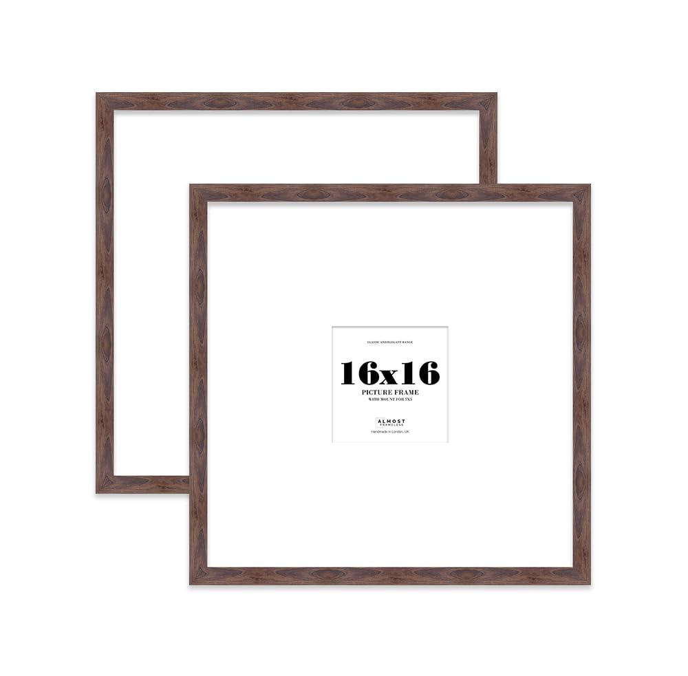 16x16 Walnut Picture Frame with Large Mount for 5x5 Photos, Prints - Modern Square Wall Frame, Set of 2