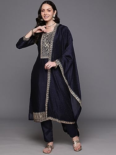 Image of INDO ERA Women's Polyester A-Line Viscose Kurta Pant With Dupatta Set