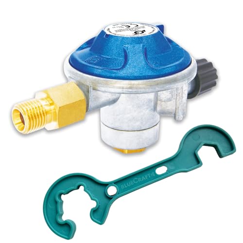 Bluecraft Kartuschen Gasdruckregler 50mbar für Schraubventilkartuschen für Gasgrill, Camping Gaskocher inkl. Gasregler-Schlüssel