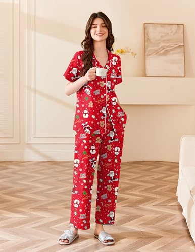 Image of Ekouaer Women's 100% Cotton Pajamas Set Short Sleeve Button Down Pjs 2 Piece Soft Sleepwear with Long Pants Lounge Set