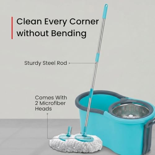 Image of Twin Bucket Spin Mop with Wheels and Puller Handle | 360 Adjustable Steel Handle | 2 High Absorbency Microfiber Refills | Pocha for Floor Cleaning - Home, Kitchen, Bathroom & Office