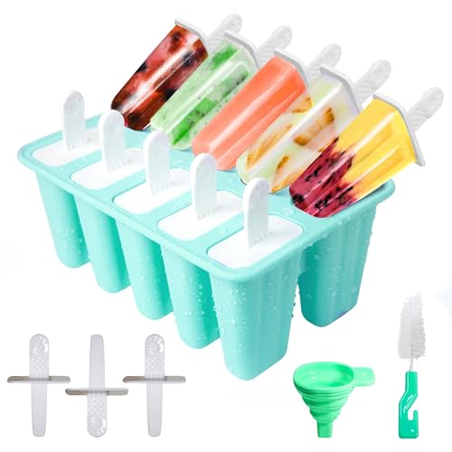 Eisformen Silikon, 10 Hohlräume Eis Am Stiel Formen, Antihaftend DIY Amüsant Eis Form, Eis Am Stiel Formen Mit Silikontrichter Und Reinigungsbürste, BPA-Freie, Grün