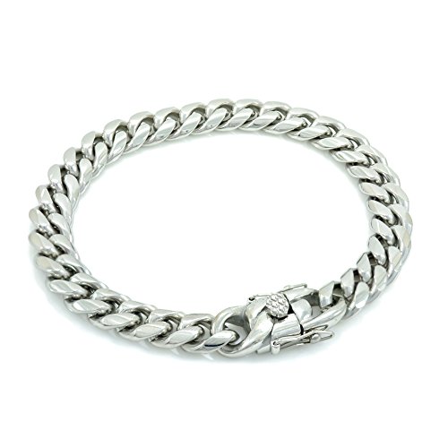 Bling Bling NY Anti-Tarnish Solid Silver Finish Stainless Steel 10mm Thick Miami Cuban Link Chain Box Clasp Lock Necklace 16-30 inches Bracelet 7-10 inches