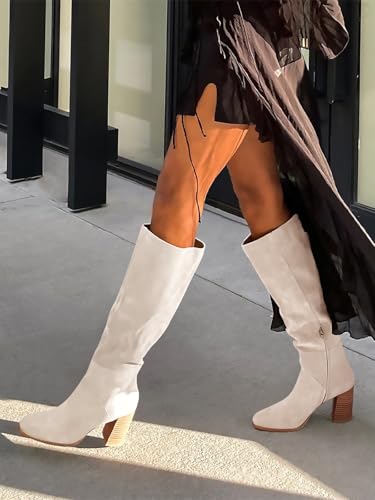 Coutgo Womens Knee High Boots Square Toe Chunky Block Heel Side Zipper Faux Suede Long Boots Fall Winter Shoes3