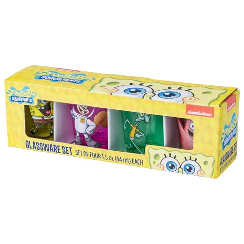 Image of Silver Buffalo SpongeBob SquarePants 4 Piece Mini Glass Set Featuring SpongeBob SquarePants, Patrick Star, Squidward, and Sandy Cheeks, 1.5 Ounces