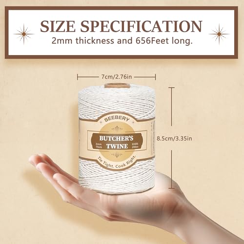 656Ft Butchers Twine – 100% Natural Cotton Kitchen String, Oven Safe for Tying Meat, Roasting, Trussing Turkey, Baking, Grilling – Food Grade for Cooking, Crafts, and Gift Wrapping