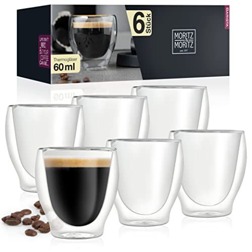 Moritz & Moritz Barista Milano 6 x 60 ml Espressogläser Doppelwandig - Espresso Tassen Set aus Glas für Heiß- und Kaltgetränke - Spülmaschinengeeignet